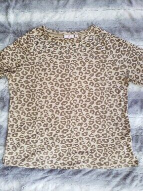 Quacker Factory 1X Leopard Print Rhinestone Top 3/4 Sleeve Scallop NWOT